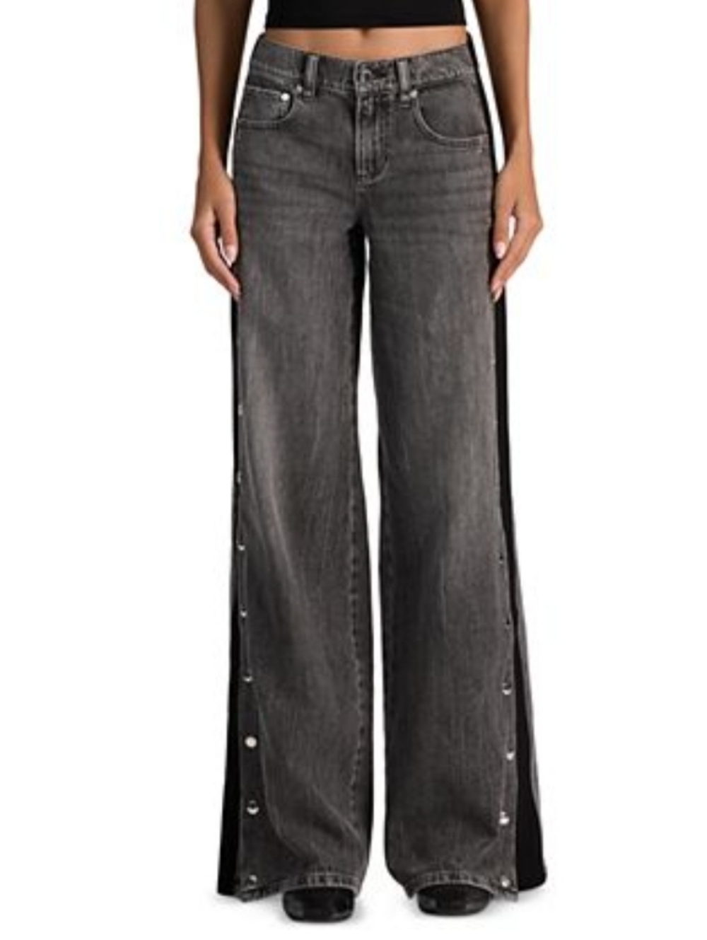 Alice + Olivia Gray Wide-Leg Snap-Trim Jeans